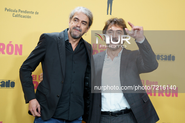 The film's director, Fernando Leon de Aranoa  and actor Javier Bardem, pose at the premiere of the film 'The Good Pattern', at the Callao Ci...
