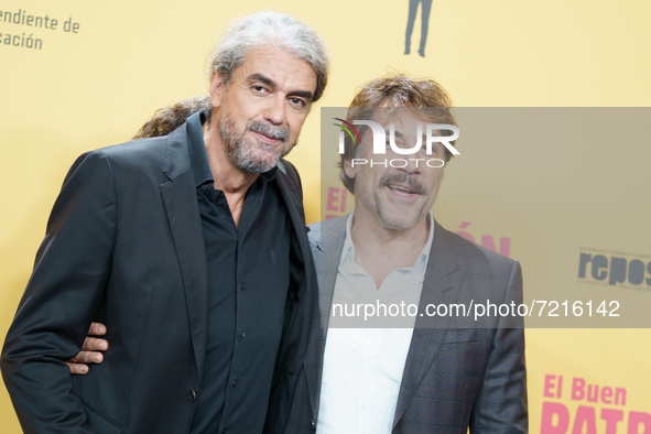 The film's director, Fernando Leon de Aranoa  and actor Javier Bardem, pose at the premiere of the film 'The Good Pattern', at the Callao Ci...