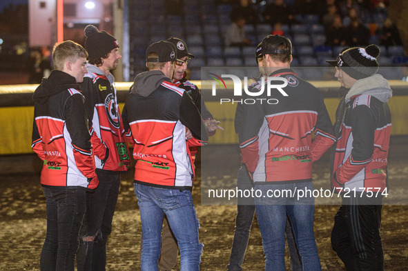 
Belle Vue BikeRight Aces have an on track meeting after their track walk during the SGB Premiership Grand Final 2nd leg between Peterboroug...