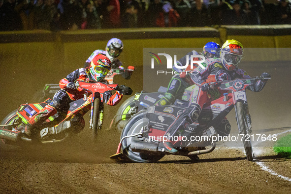
Richie Worrall (Yellow) leads Craig Cook (Blue) and Michael Palm Toft  (Red)with Dan Bewley  (White) behind during the SGB Premiership Gran...