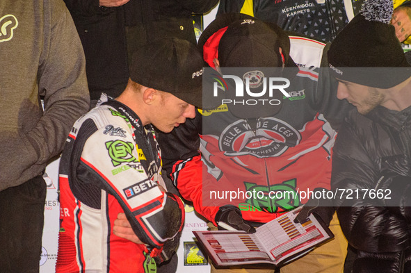
Dan Bewley  (left) with Mark Lemon as they plan their next move during the SGB Premiership Grand Final 2nd leg between Peterborough and Bel...