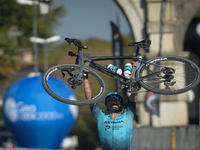 Alexey Lutsenko of Kazakhstan and Astana Team celebrates at the finish line after he wins the Serenissima Gravel, the 132.1km bicycle pro gr...