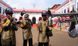 Local band members perfrom inside the Sovabazar Rajbari , an idol of a statue of the ten-h...