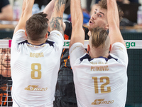 Andrzej Wrona (Projekt),Dusan Petkovic (Projekt),Tomasz Fornal (Jastrzebski) during the Volleyball Plus Liga match between Projekt Warsaw v...