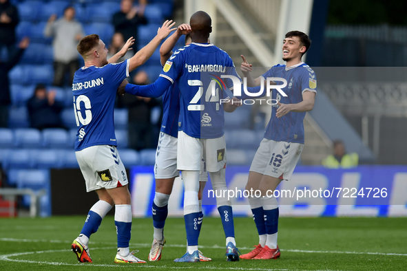 Oldham Athletic's Dylan Bahamboula celebrates scoring his side's third goal of the game during the Sky Bet League 2 match between Oldham Ath...