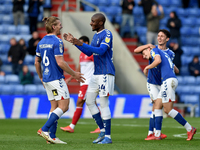 Oldham Athletic's Dylan Bahamboula celebrates scoring his side's third goal of the game during the Sky Bet League 2 match between Oldham Ath...