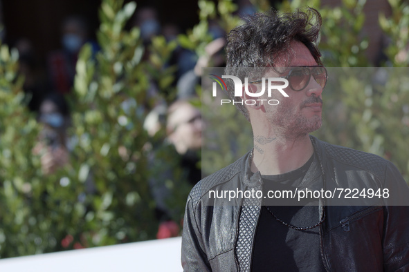 Fabrizio Moro attends the red carpet of the "Luciano Ligabue And Fabrizio Moro" close encounter during the 16th Rome Film Fest 2021 on Octob...