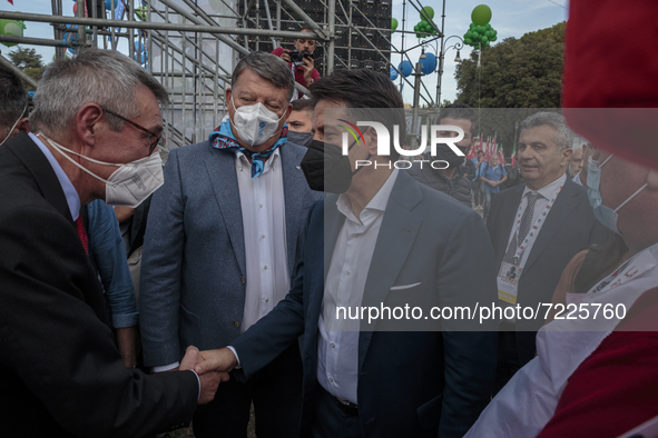 Maurizio Landini and Giuseppe Conte in San Giovanni Square for no more fascism in Rome, Italy, on 16th October 2021. After the Forza Nuova a...