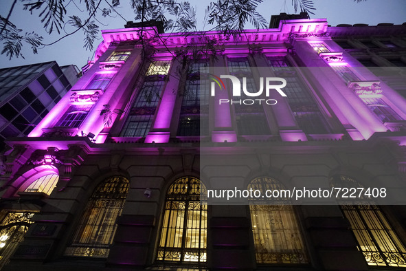 Building lit in pink on the occasion of breast cancer awareness month in São Paulo on October 16, 2021. 