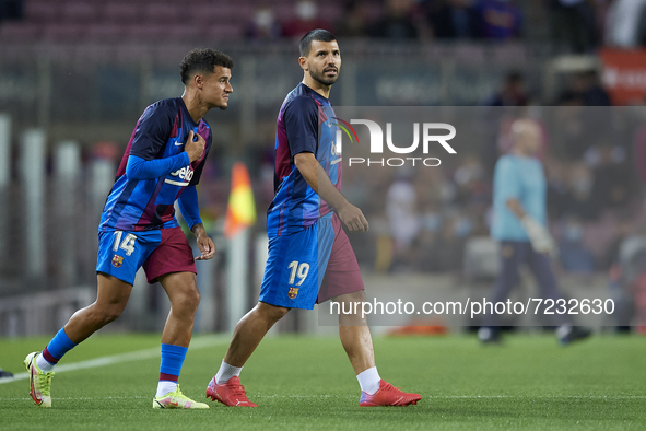 Sergio Aguero and Philippe Coutinho of Barcelona prior to the La Liga Santander match between FC Barcelona and Valencia CF at Camp Nou on Oc...