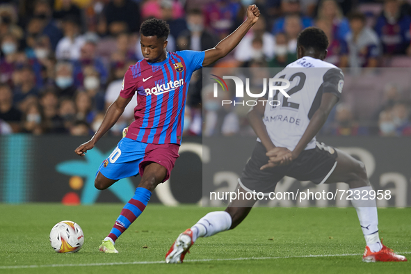 Ansu Fati of Barcelona shooting to goal during the La Liga Santander match between FC Barcelona and Valencia CF at Camp Nou on October 17, 2...