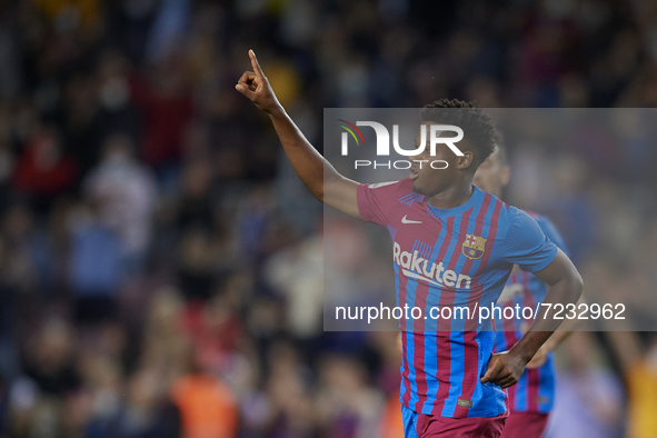 Ansu Fati of Barcelona celebrates after scoring his sides first goal during the La Liga Santander match between FC Barcelona and Valencia CF...