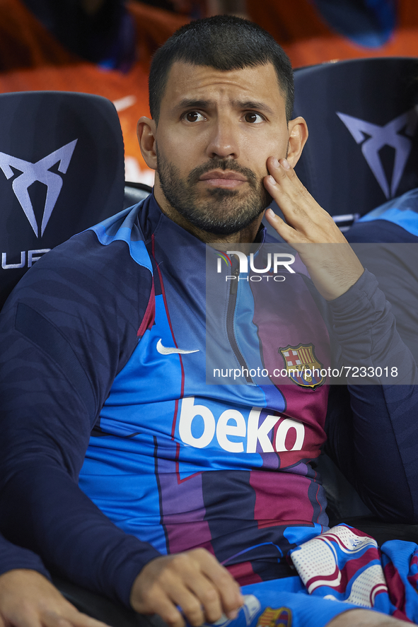 Sergio Aguero of Barcelona sitting on the bench during the La Liga Santander match between FC Barcelona and Valencia CF at Camp Nou on Octob...