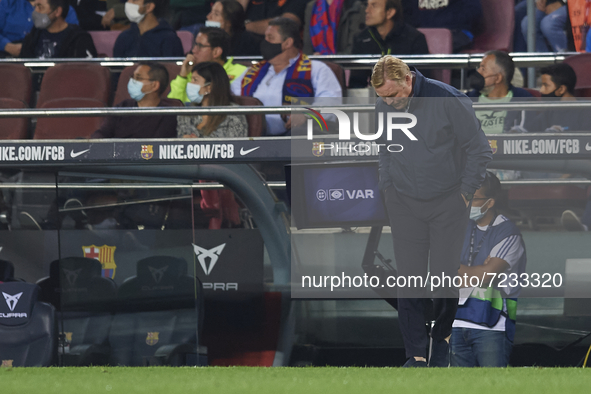 Ronald Koeman head coach of Barcelona reacts during the La Liga Santander match between FC Barcelona and Valencia CF at Camp Nou on October...