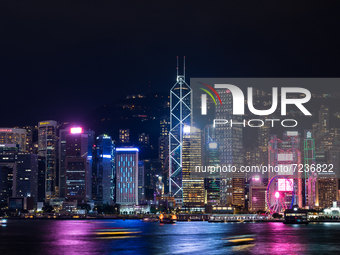 The skyline of Central Hong Kong at night, in Hong Kong, China, on October 17, 2021. (