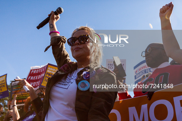 Alyssa Milano speaksduring a civil disobedience action for voting rights at the White House.  Milano is a member of the board of directors o...