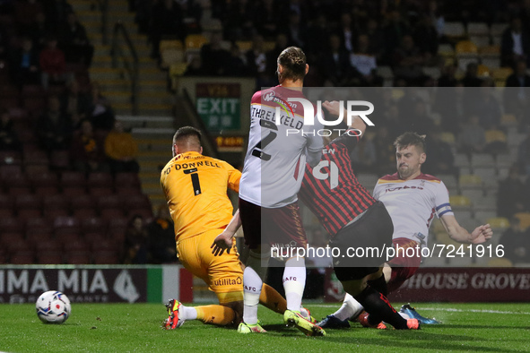 BRADFORD, UK. OCT 19TH   Mark Cullen of Hartlepool United scores during the Sky Bet League 2 match between Bradford City and Hartlepool Unit...