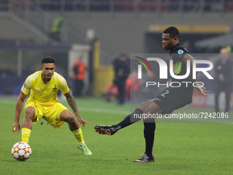 Denzel Dumfries of FC Internazionale in action during the UEFA Champions League 2021/22 Group Stage - Group D football match between FC Inte...