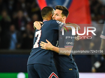 Lionel (Leo) MESSI of PSG celebrate his goal with Kylian MBAPPE of PSG during the UEFA Champions League, Group A football match between Pari...