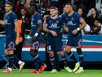 Kylian Mbappe of Paris Saint Germain celebrates his goal with Marco Verratti during the UEFA Champions League, Group A football match betwee...