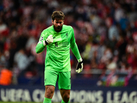 Alisson during UEFA Champions League match between Atletico de Madrid and Liverpool FC at Wanda Metropolitano on October 19, 2021 in Madrid,...