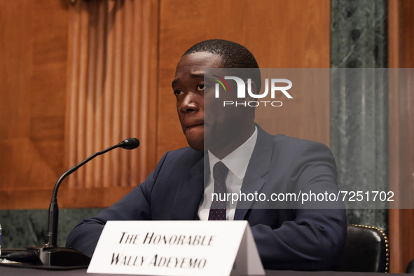 Deputy Secretary of the Treasury Wally Adeyemo testifies before Senate Banking, Housing and Urban Affairs committee during a hearing about D...