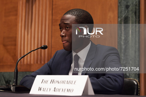 Deputy Secretary of the Treasury Wally Adeyemo testifies before Senate Banking, Housing and Urban Affairs committee during a hearing about D...