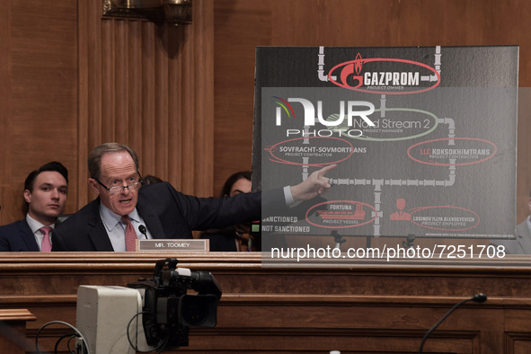 US Senator Pat Toomey(R-PA) shows a picture during a hearing about Department of Treasurys sanction policy review, today on October 19, 2021...