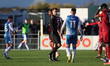  Referee Declan Bourne points to the penalty spot  during the Sky Bet League 2 match betwe...