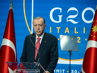 Recep Tayyip Erdogan, President of Turkey, in a press conference after the G20 Summit of Heads of State and Government in Rome, Italy. (