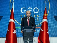 Recep Tayyip Erdogan, President of Turkey, in a press briefing after the G20 Summit of Heads of State and Government in Rome, Italy. (