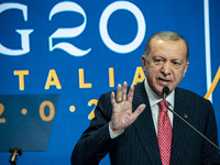 Recep Tayyip Erdogan, President of Turkey, talks to the journalists in a press briefing after the G20 Summit of Heads of State and Governmen...