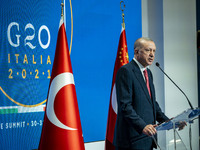 Recep Tayyip Erdogan, President of Turkey, answers the questions of the journalists in a press conference after the G20 Summit of Heads of S...