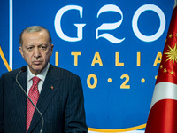 Recep Tayyip Erdogan, President of Turkey, in a press conference after the G20 Summit of Heads of State and Government in Rome, Italy. (