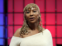 Co-founder of the "Black Lives Matter" movement Ayo Tometi speaks on the opening day of the 2021 Web Summit in Lisbon, Portugal on November...