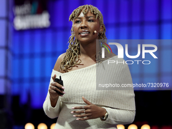 Co-founder of the "Black Lives Matter" movement Ayo Tometi speaks on the opening day of the 2021 Web Summit in Lisbon, Portugal on November...