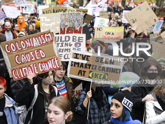 Friday for Future Climate protestors take part in a climate protest as they march though the city centre on November 05, 2021 in Glasgow, Sc...