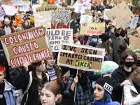 Friday for Future Climate protestors take part in a climate protest as they march though the city centre on November 05, 2021 in Glasgow, Sc...
