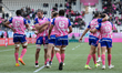 Harry Glover of Stade Francais celebrates with his teammate after scoring a try during the...