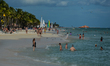 General view of palm-lined Playacar Beach backed by upscale resorts, known for its fine sa...