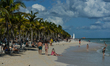 General view of palm-lined Playacar Beach backed by upscale resorts, known for its fine sa...