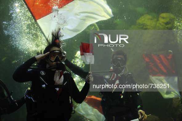 Some divers waving the flag in commemoration of the anniversary of Indonesian independence in a giant aquarium, located in Jakarta, Monday,...