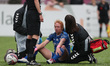  Durham Women's Kathryn Hill receives treatment to a head injury from club doctor Dougal S...