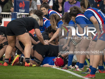 The French team defending on their goal line during the international women's rugby match between France and New Zealand on November 20, 202...