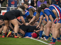 The French team defending on their goal line during the international women's rugby match between France and New Zealand on November 20, 202...