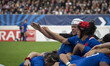 Celine FERER of France challenges for the ball against Eloise Blackwell of the Black Ferns...