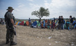 Police officer is securing the Macedonian-Greek border, August 21 2015 near the town of Ge...