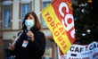 An unionist from the CGT Caf (CGT Family Allowances Office) speaks during the gathering. A...
