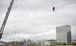 French tightrope walker Denis Josselin crossed the Seine on a steel wire 16 mm, in Paris,...