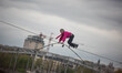 French tightrope walker Denis Josselin crossed the Seine on a steel wire 16 mm, in Paris,...